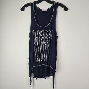 Spoiled Navy Blue Fringe Tank Top Womens Medium Boho Festival Flag Stars Arrows